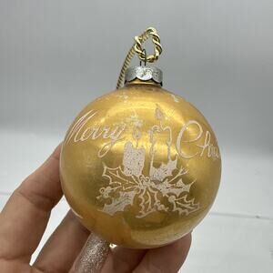 Vintage MCM "Merry Christmas" Stenciled Glass Christmas Ornament ~ Gold